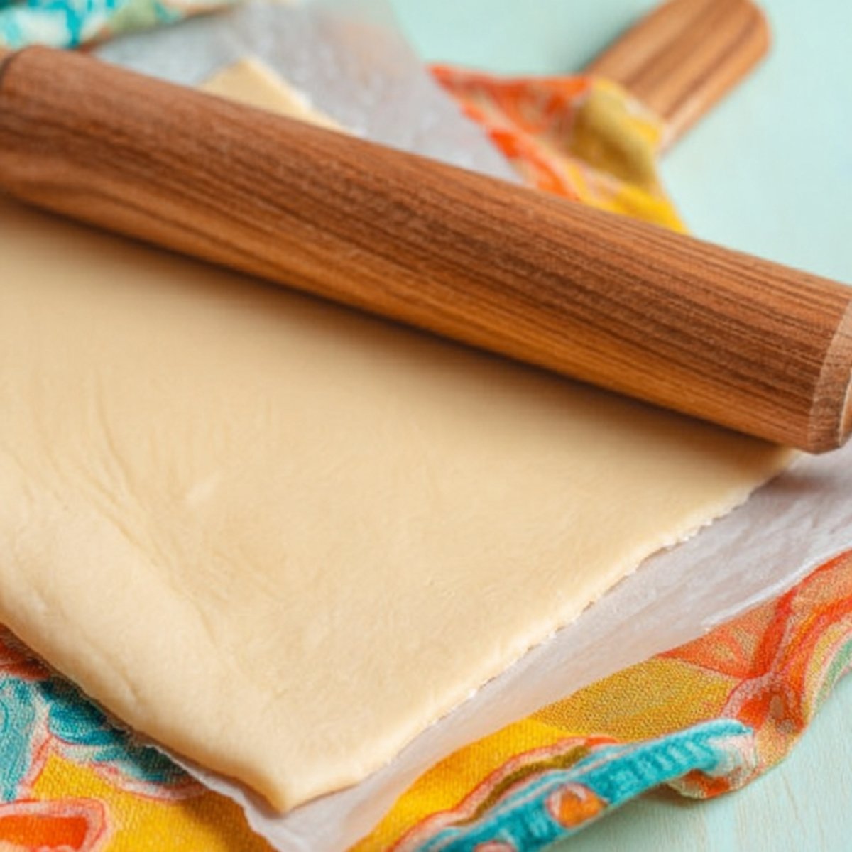 Delicious Raspberry Danish Recipe 11 Close up of a rolling pin resting on puff pastry dough, ready to be rolled out. The dough is laid flat on parchment paper with a colorful cloth in the background, adding a vibrant touch to the scene.