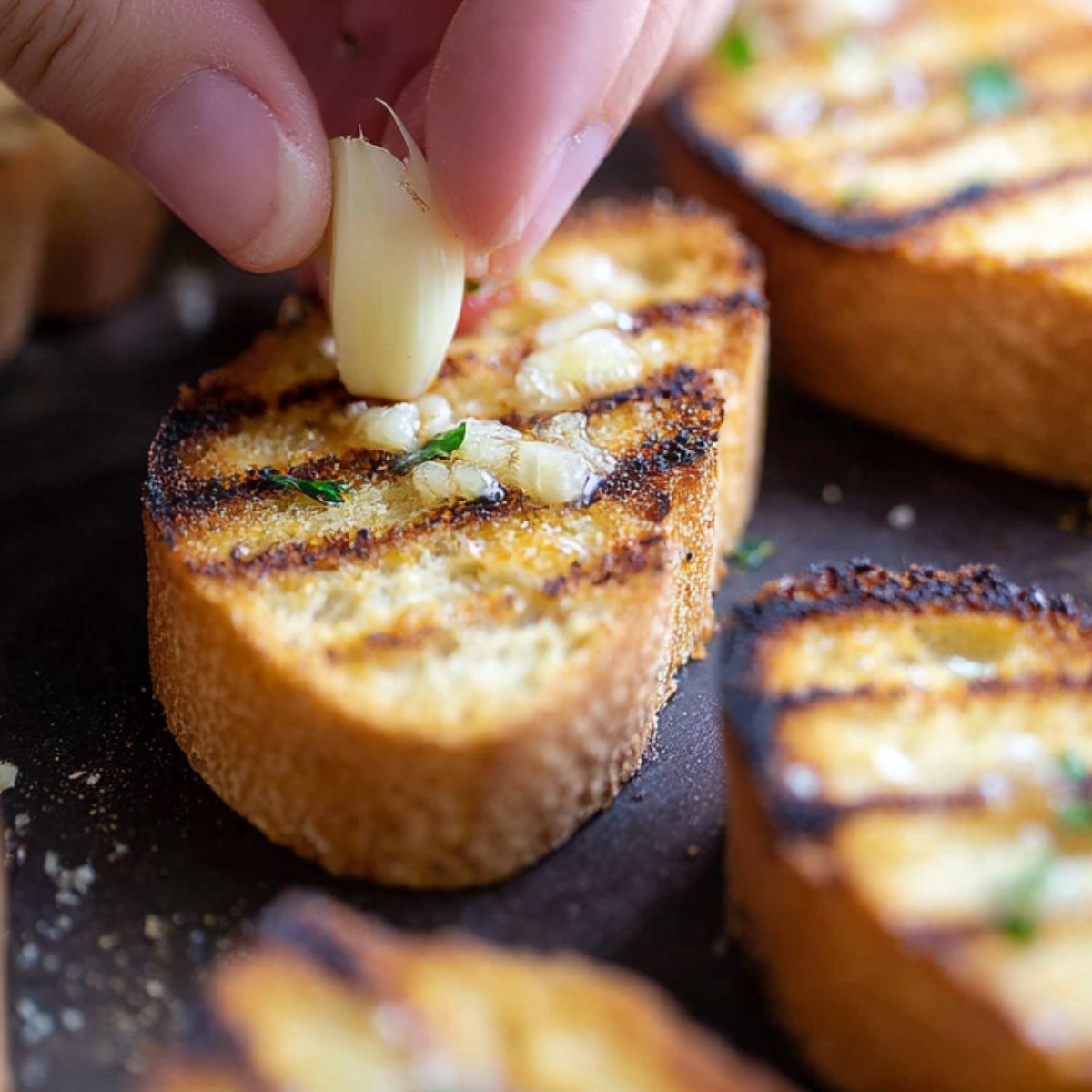 The Best Tomato Bruschetta Recipe 11 A close-up image showing a person rubbing a clove of garlic onto grilled slices of bread, garnished with chopped herbs.