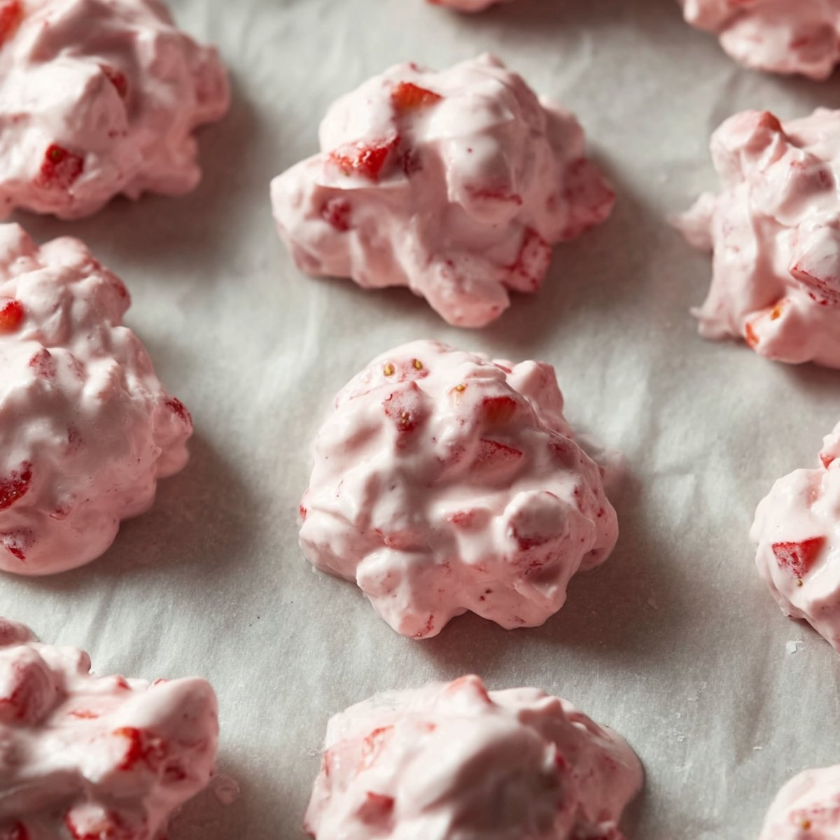 Healthy Chocolate Strawberry Yogurt Clusters 11 Close up of dollops of creamy strawberry yogurt mixture arranged on parchment paper, ready for freezing. Each cluster contains small chunks of fresh strawberries suspended in thick, pink yogurt.