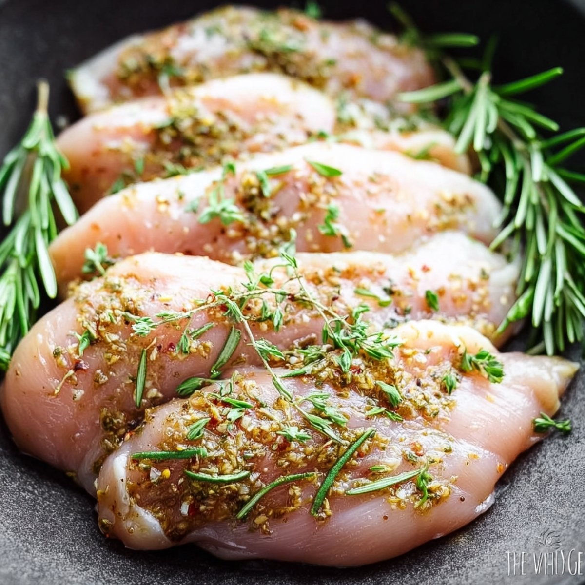 Healthy Garlic Butter Chicken Recipe 10 Chicken breasts marinated with a mix of herbs and spices, including rosemary and thyme, ready for cooking in a pan.