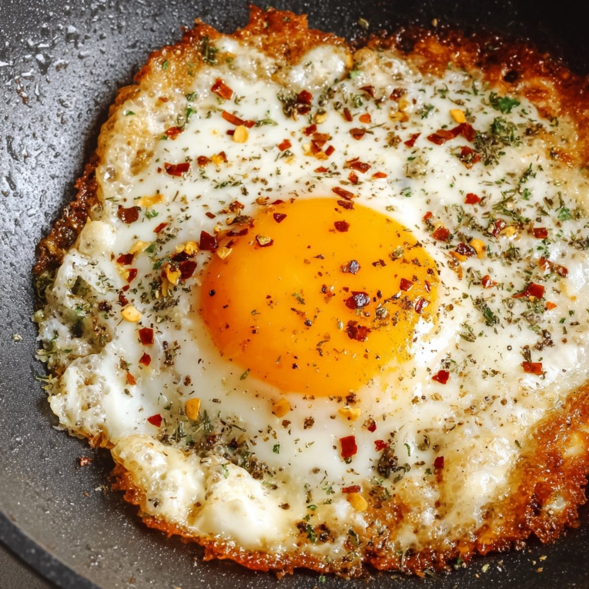 Easy Crispy Feta Fried Eggs Recipe 10 Close-up of a crispy fried egg in a pan with a golden yolk surrounded by a crispy, browned edge, topped with chili flakes and dried herbs.
