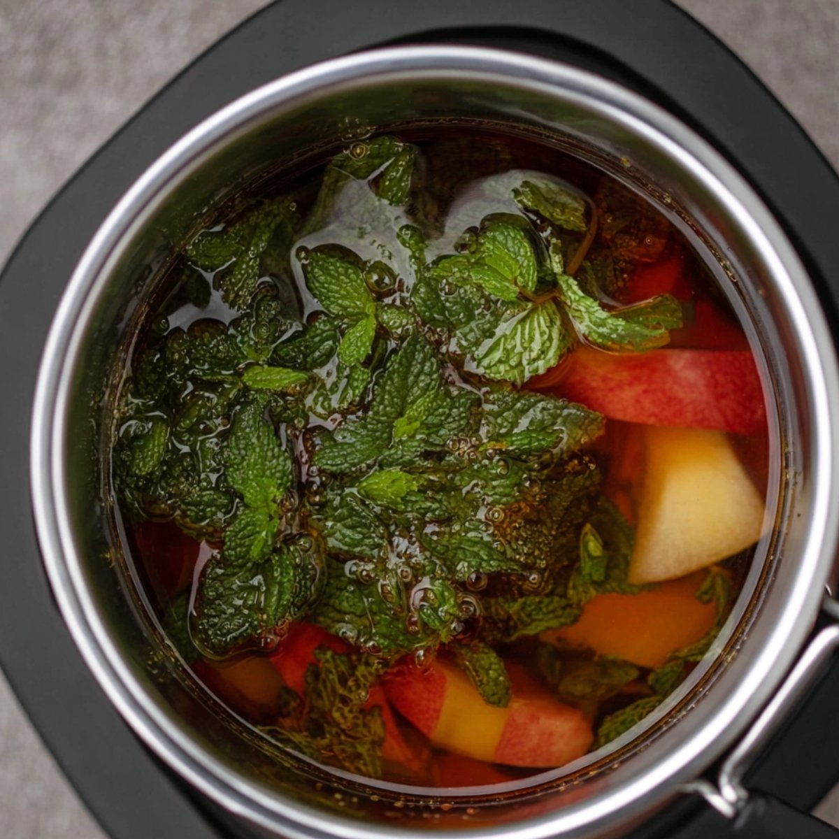 Healthy Apple Iced Tea Recipe 10 Close-up of apple slices and fresh mint leaves simmering in a pot of tea, infusing the liquid with their natural flavors.