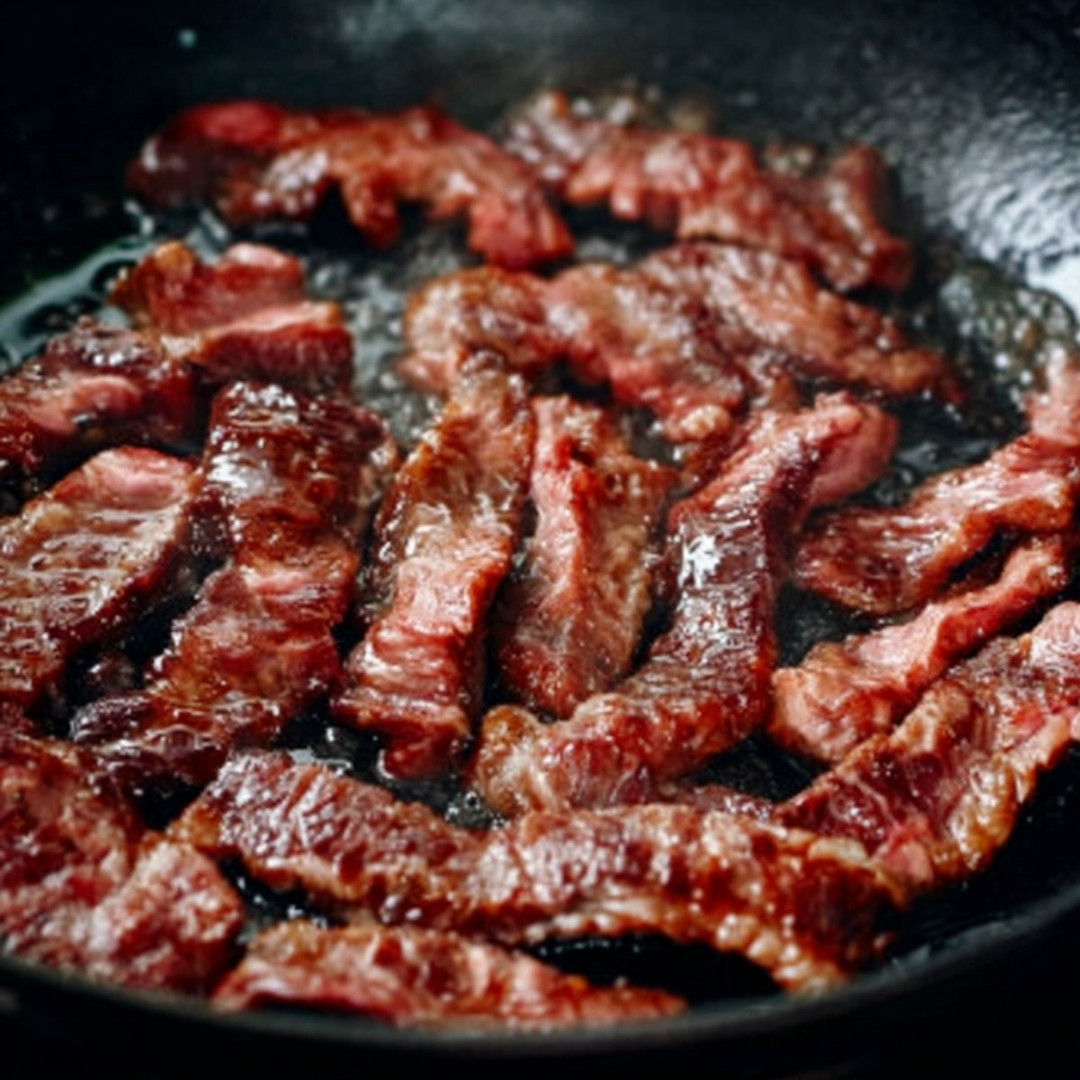 Delicious Chinese Beef and Broccoli Recipe 10 Close up of a skillet filled with cooked beef strips and tender broccoli, all coated in a savory sauce. The beef is tender and caramelized, and the broccoli is vibrant and perfectly cooked. The overall dish has a glossy finish from the sauce, creating an appetizing and flavorful look.