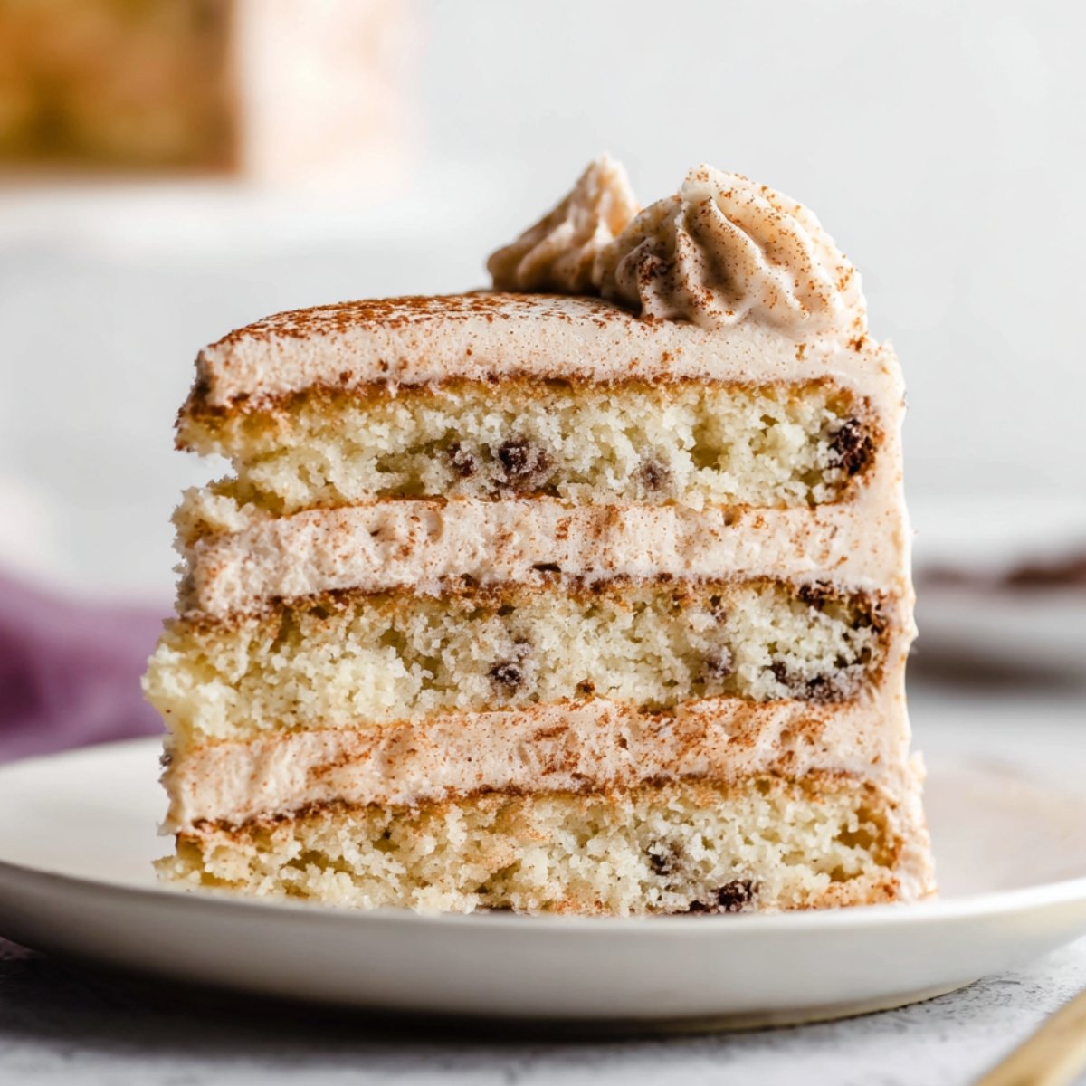 Close up of a slice of snickerdoodle cake on a white plate, showcasing its soft, light layers filled with cinnamon buttercream frosting. The top is sprinkled with a touch of cinnamon, and the layers reveal a fluffy interior with small bits of cinnamon scattered throughout.