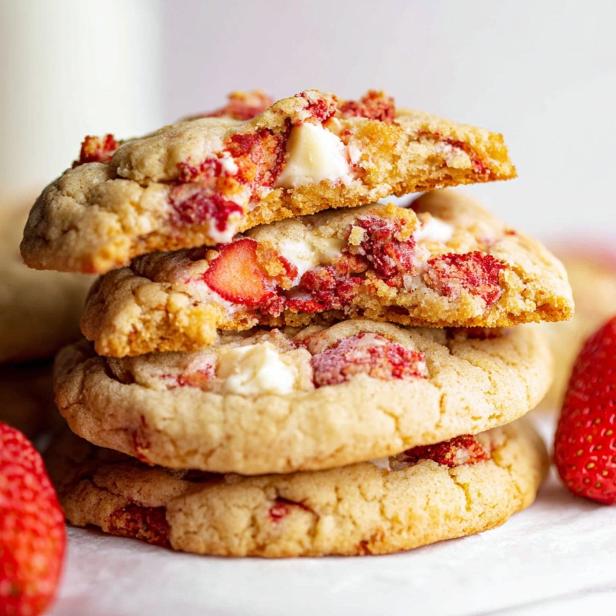 A stack of freshly baked strawberry cheesecake cookies with a bite taken out of one, showing the gooey interior with strawberry pieces.