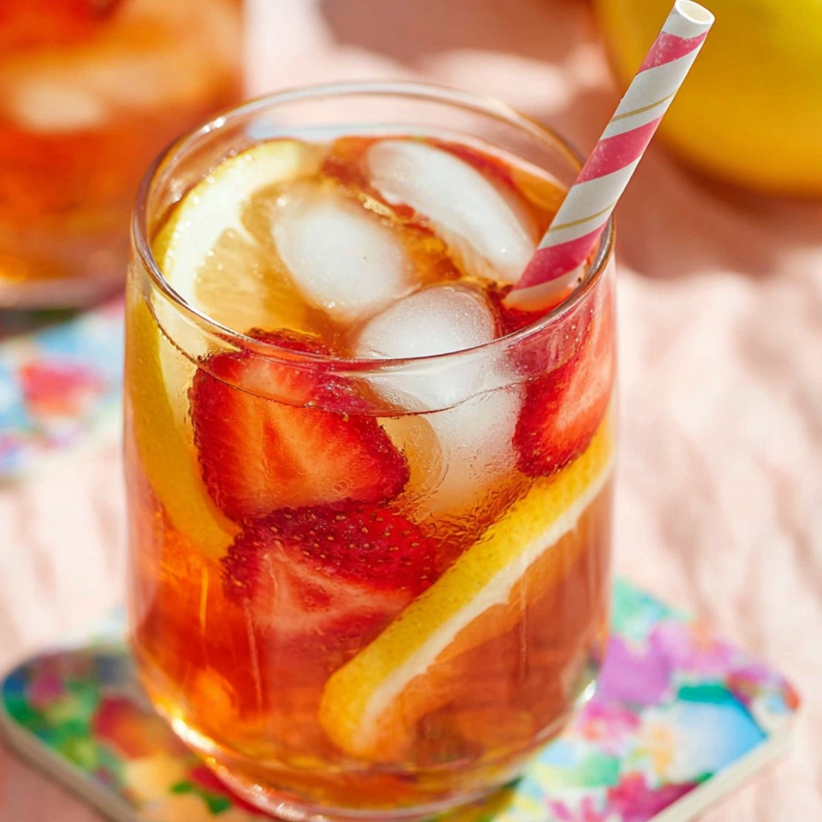 A refreshing glass of strawberry iced tea garnished with slices of lemon and strawberries, served with ice and a striped straw.