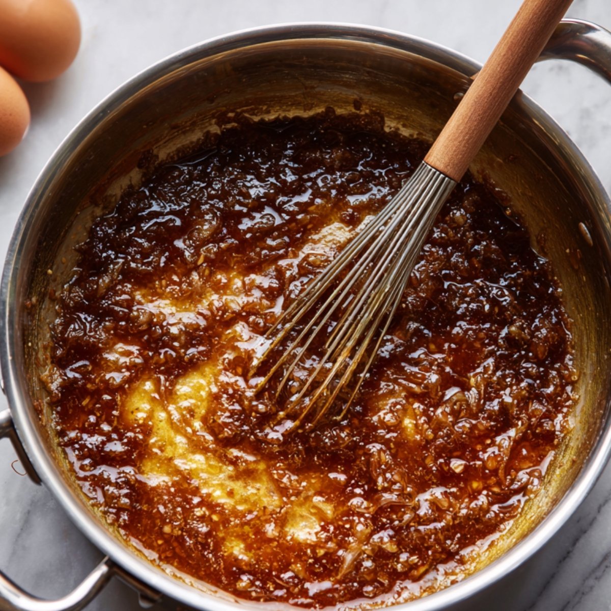 Easy Smothered Chicken And Rice Recipe 10 A close-up of a pan with toasted rice, showing the grains becoming golden brown and crispy, with a whisk visible in the scene. The image captures the process of toasting the rice in preparation.