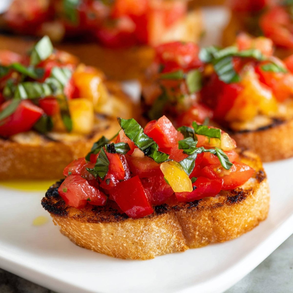 A plate of Tomato Bruschetta with grilled bread slices topped with a mixture of diced tomatoes, herbs, and a drizzle of olive oil.