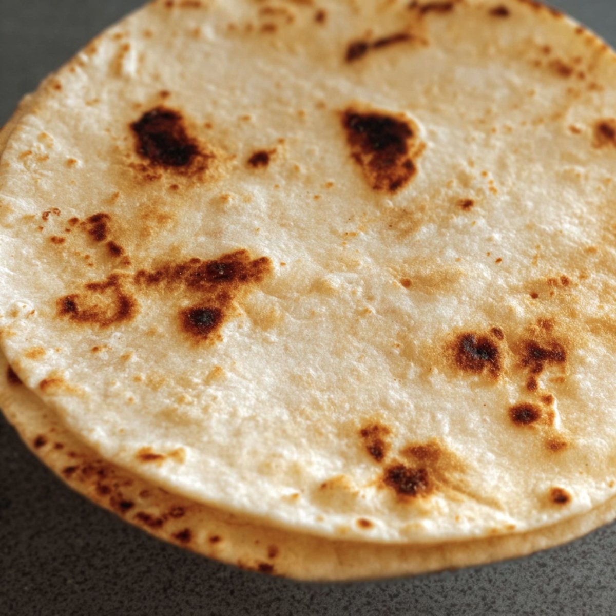 Easy Crispy Feta Fried Eggs Recipe 11 Close-up of a warm, slightly charred tortilla with golden brown spots, freshly toasted on a flat surface.