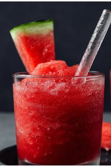 The Best Watermelon Slushie Recipe 13 Glass of watermelon slushie with a spoon inside, garnished with a small watermelon wedge, set against a dark background.