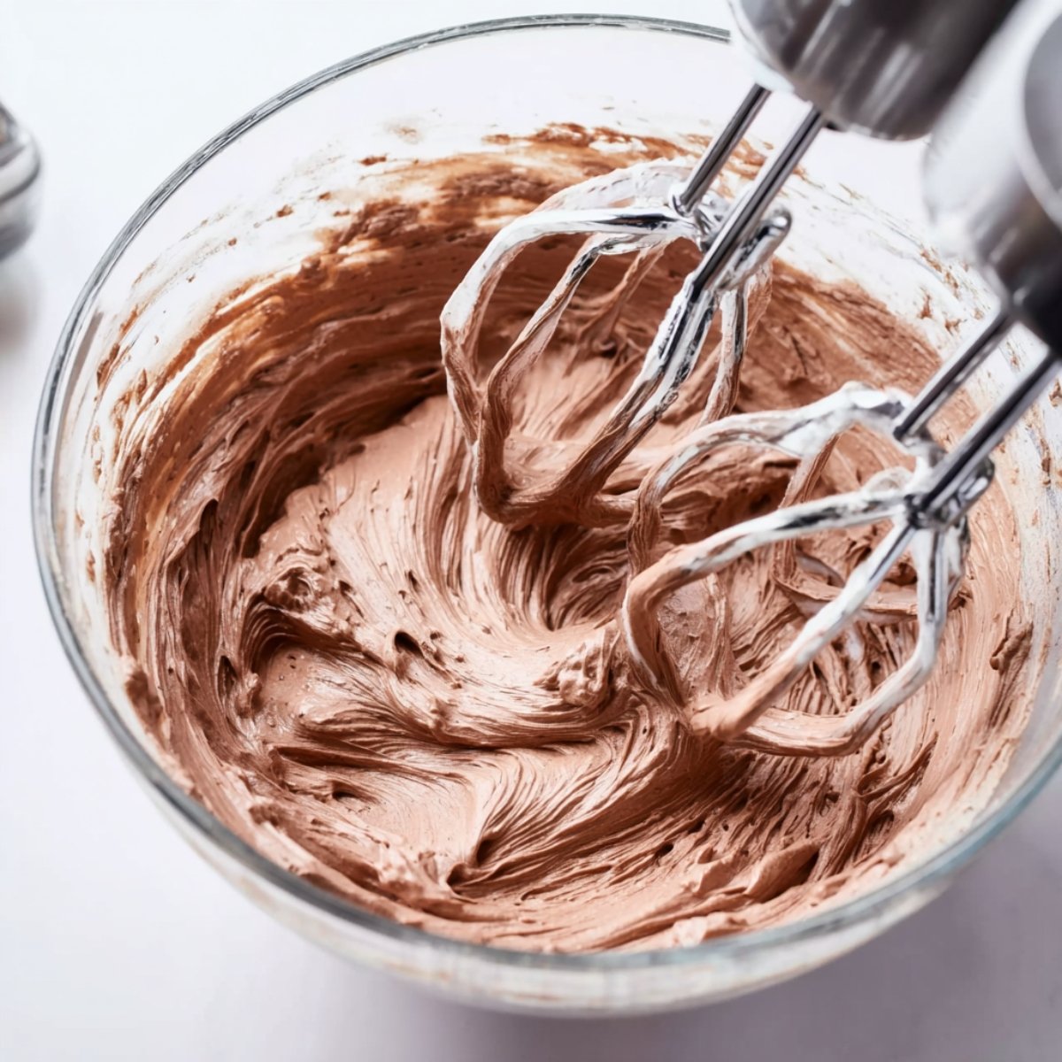 Easy Whipped Hot Chocolate Recipe 10 A close up of chocolate whipped cream being mixed in a glass bowl with electric beaters. The creamy chocolate mixture swirls around the bowl, creating a rich and fluffy texture.