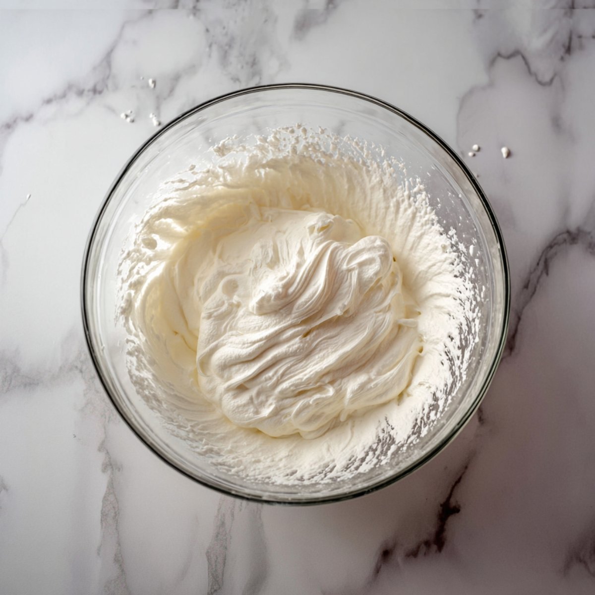 Delicious Raspberry Tiramisu Recipe 10 A glass bowl filled with freshly whipped cream, showing its smooth and fluffy texture, perfect for dessert preparations.