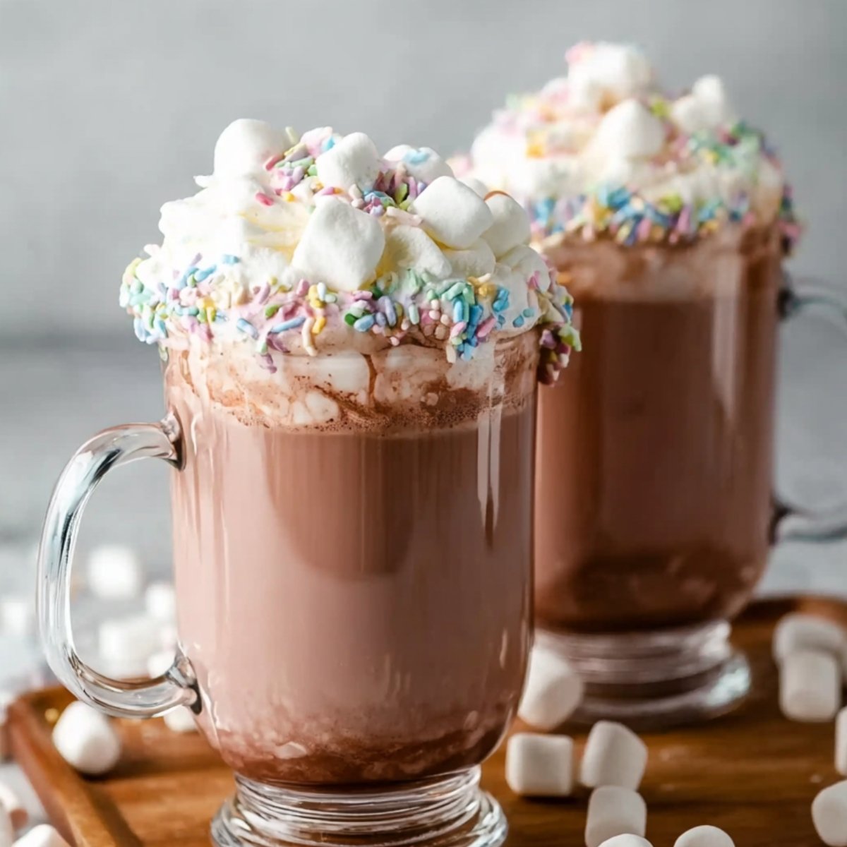 Easy Whipped Hot Chocolate Recipe 9 A pair of glass mugs filled with Whipped Hot Chocolate, topped with whipped cream, marshmallows, and rainbow sprinkles. The mugs rest on a wooden tray, with marshmallows scattered around, adding a cozy, indulgent touch to the scene.