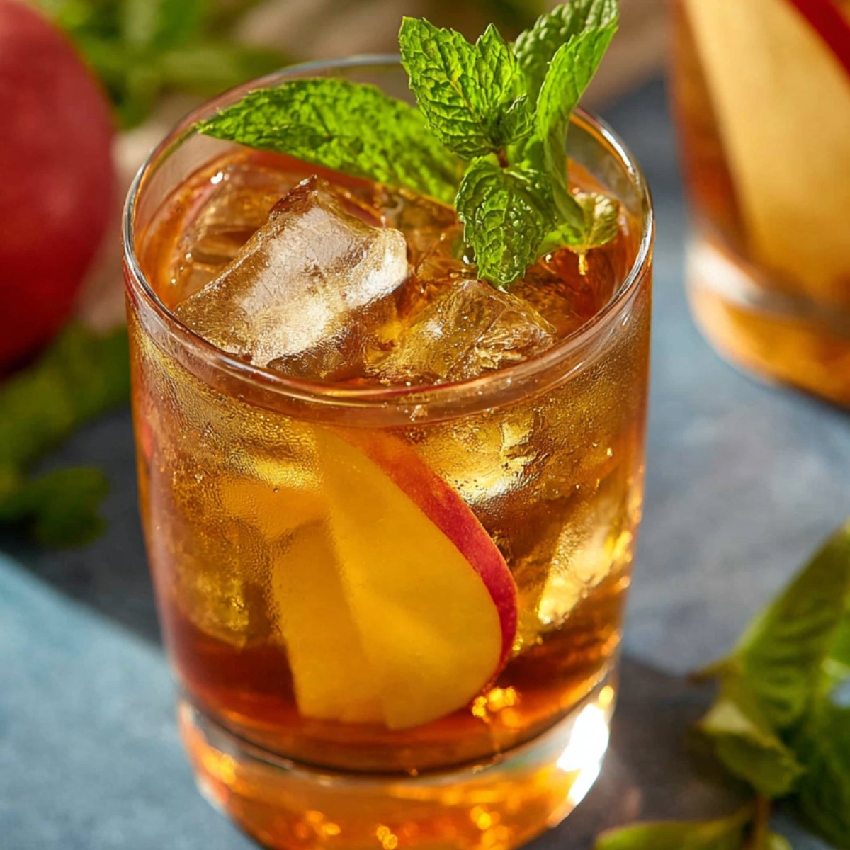 A refreshing glass of apple iced tea with ice cubes, a slice of apple, and mint leaves, ready to be enjoyed on a hot day.
