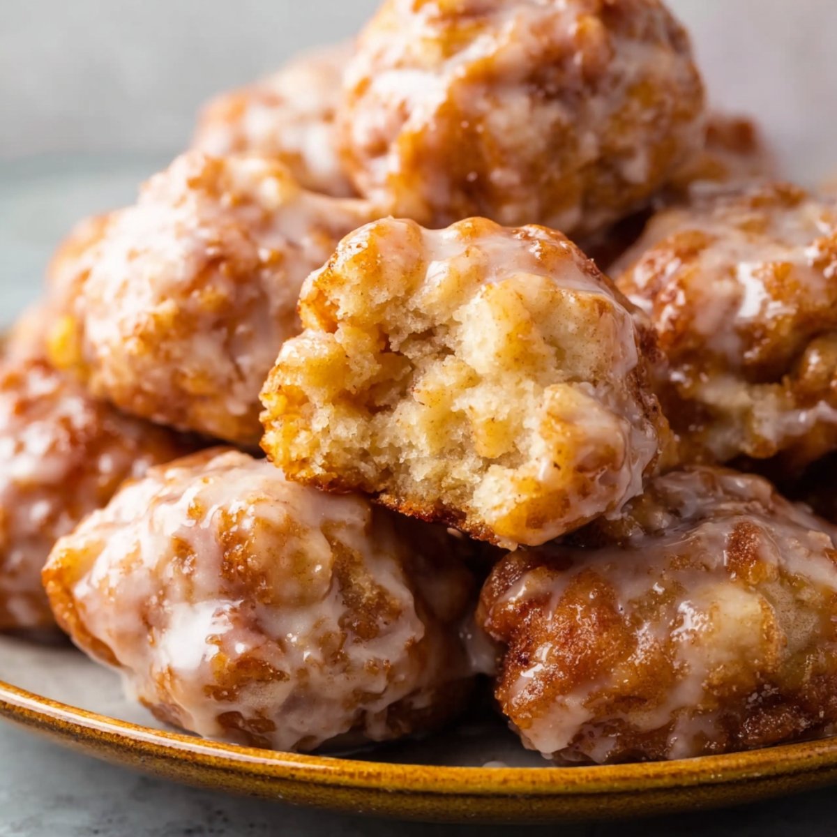 Close-up of golden apple fritter bites, freshly baked and topped with a glossy glaze, with one fritter bitten into to reveal its soft, fluffy interior.