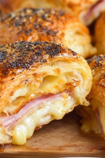 Easy Baked Ham And Cheese Croissants Recipe 19 A golden, flaky baked ham and cheese croissants with melted cheese and ham inside, topped with poppy seeds for added flavor.