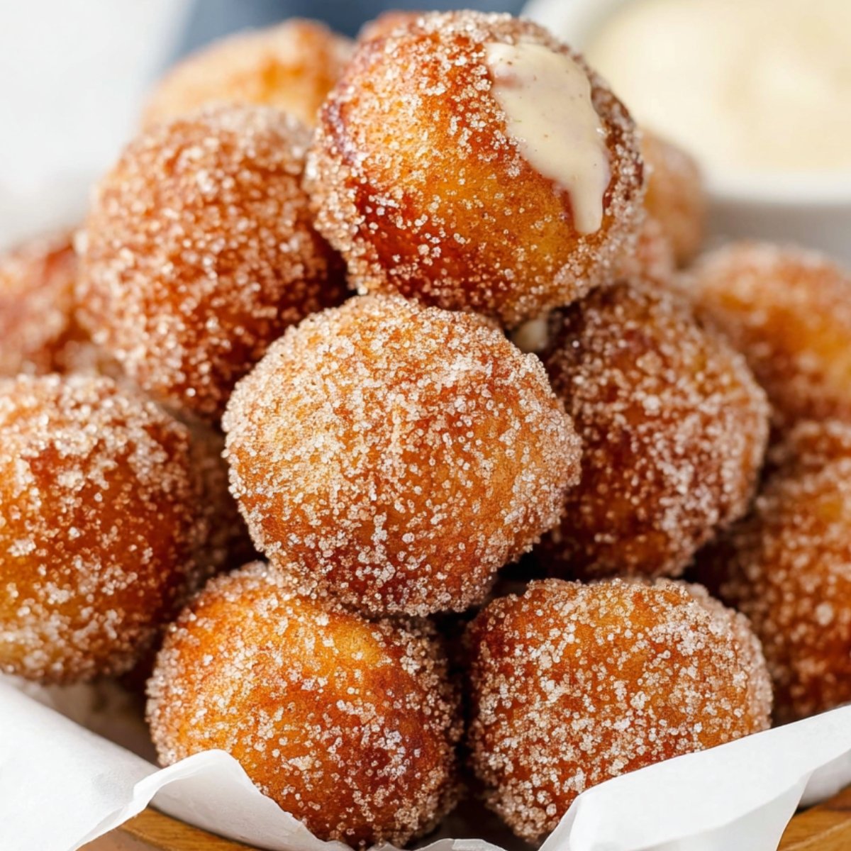 A pile of golden-brown cinnamon sugar soft pretzel bites, freshly coated and ready to be enjoyed with a creamy dipping sauce.