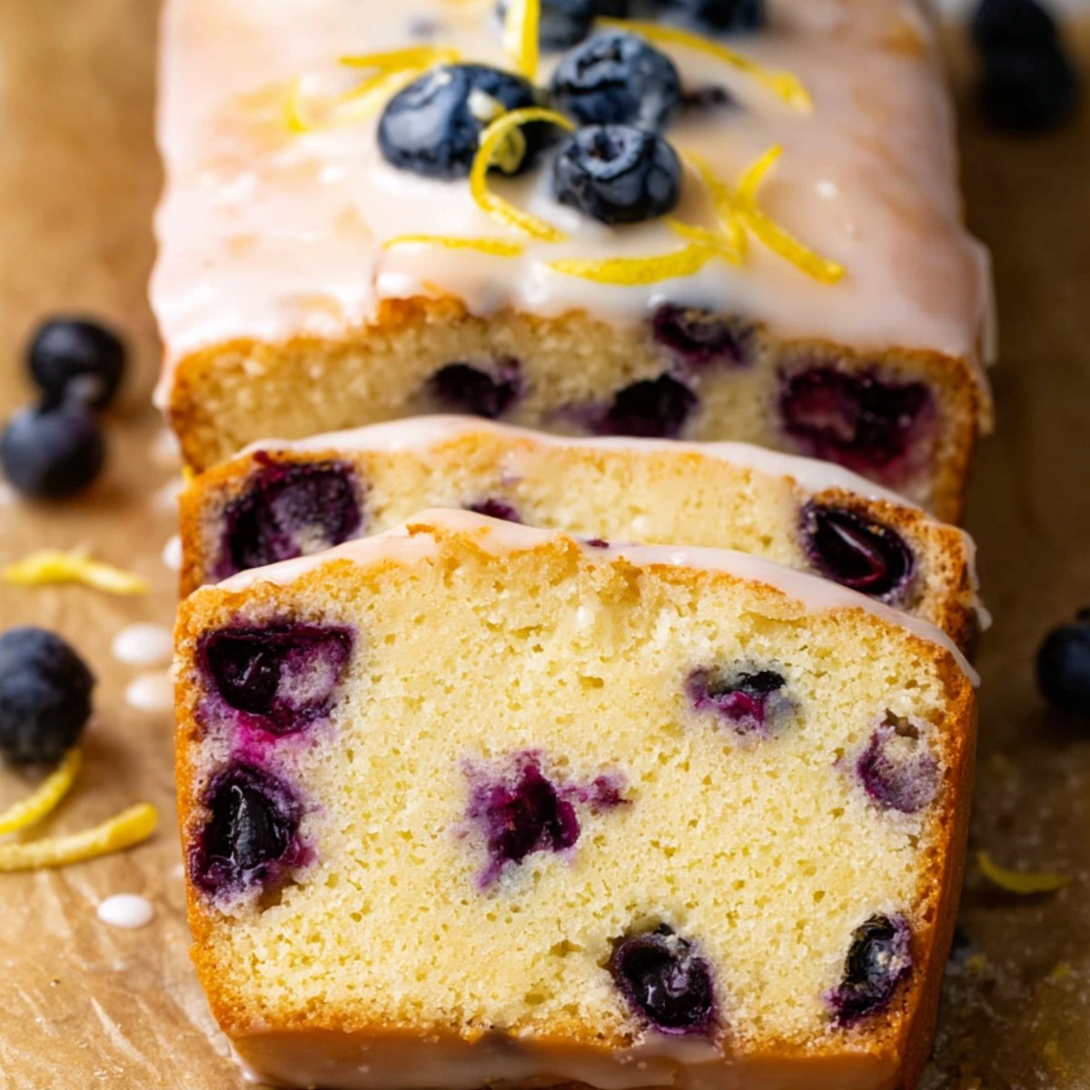 The Best lemon Blueberry Bread Recipe 9 Close up of a freshly baked lemon blueberry bread loaf cake drizzled with a glaze, garnished with fresh blueberries and lemon zest, with slices showing the blueberry-filled interior.