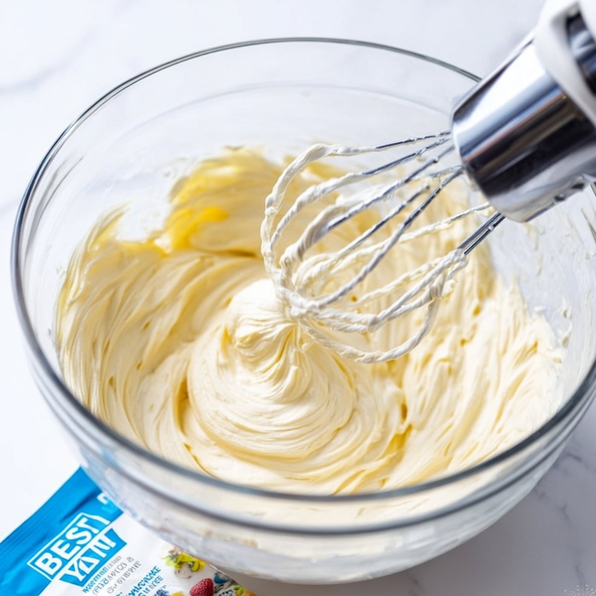 Easy Keto Cheesecake Recipe 11 Whipping cream in a glass bowl with a mixer.