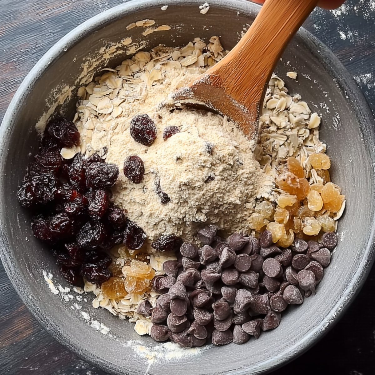 Best Protein Oatmeal Cookies 10 This is the cookie dough with oats, chocolate chips, raisins, and spices being mixed together.
