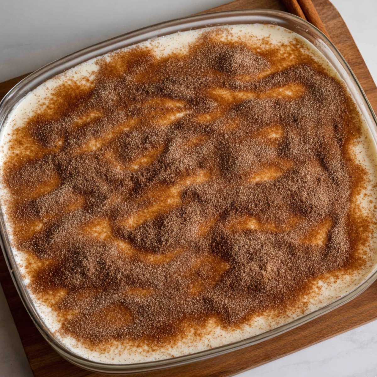 Easy Churro Cheesecake Bars Recipe 11 A dessert with a layer of cinnamon sugar topping spread over a creamy base in a baking dish.