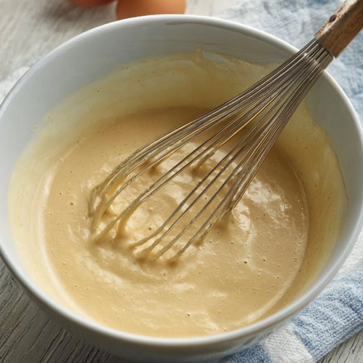 Best Banana Blueberry Waffles 10 A bowl of smooth batter being whisked with eggs in the background.