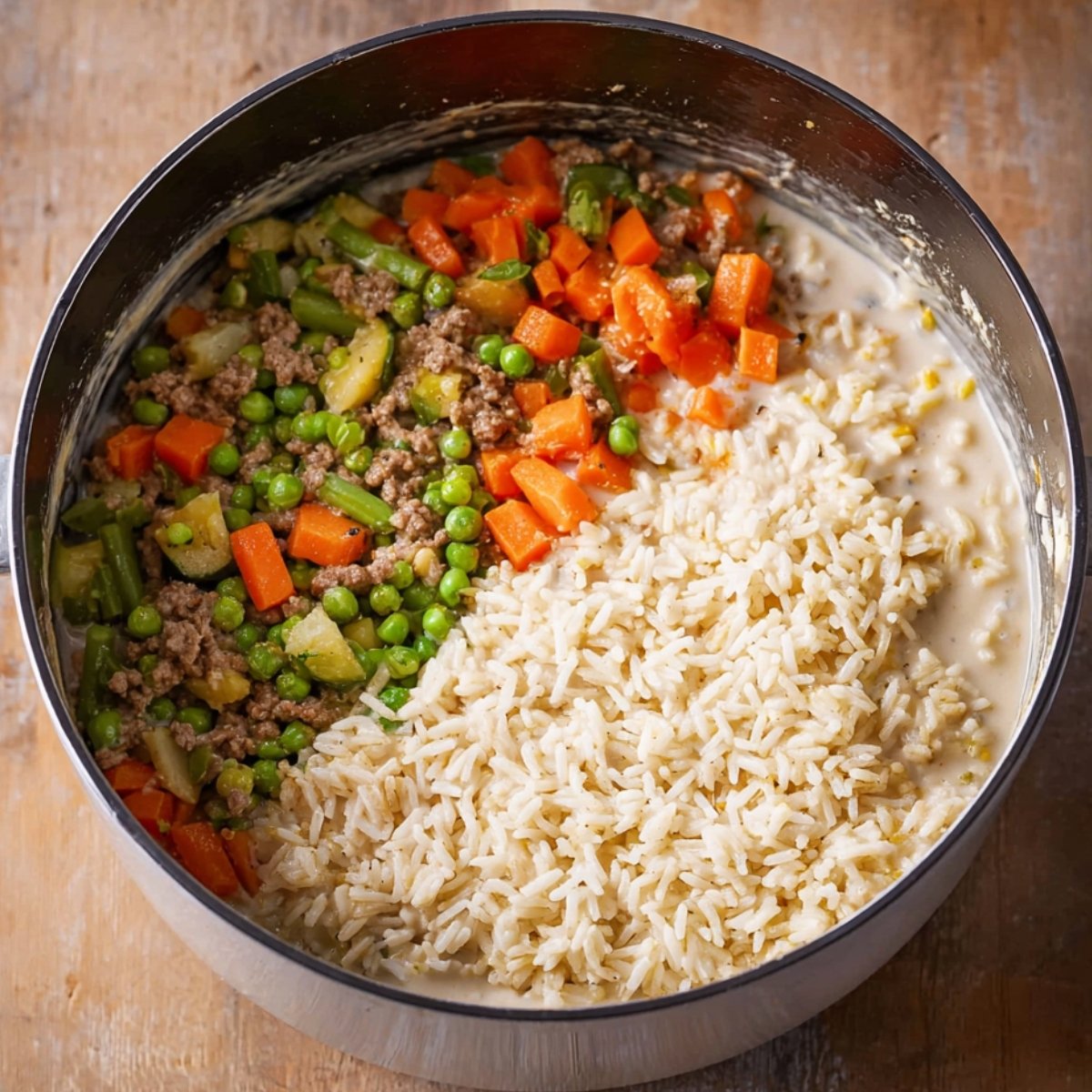 Easy Cheesy Ground Beef and Rice Casserole Recipe 11 This image shows a pot with cooked ground beef, mixed vegetables (carrots, peas, and zucchini), and steamed rice, separated into sections.