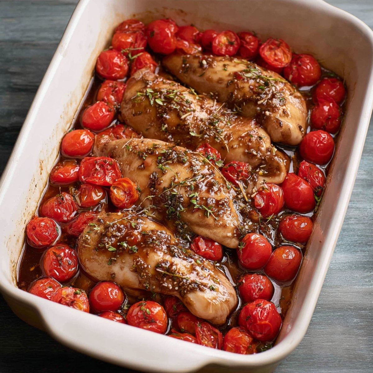 Easy Balsamic Chicken Recipe 11 Chicken breasts with roasted tomatoes and thyme in a baking dish.