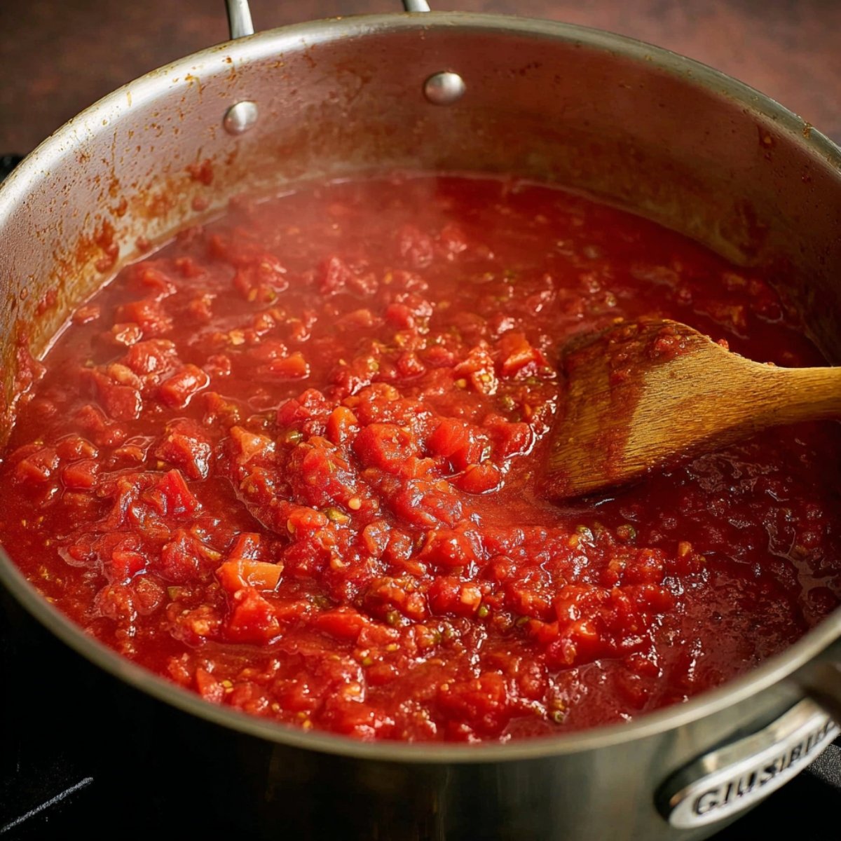 Easy Shakshouka Toast with Feta Fried Eggs Recipe 10 Alt text: A close-up of a saucepan with simmering tomato sauce and chunks of tomato, stirred with a wooden spoon.