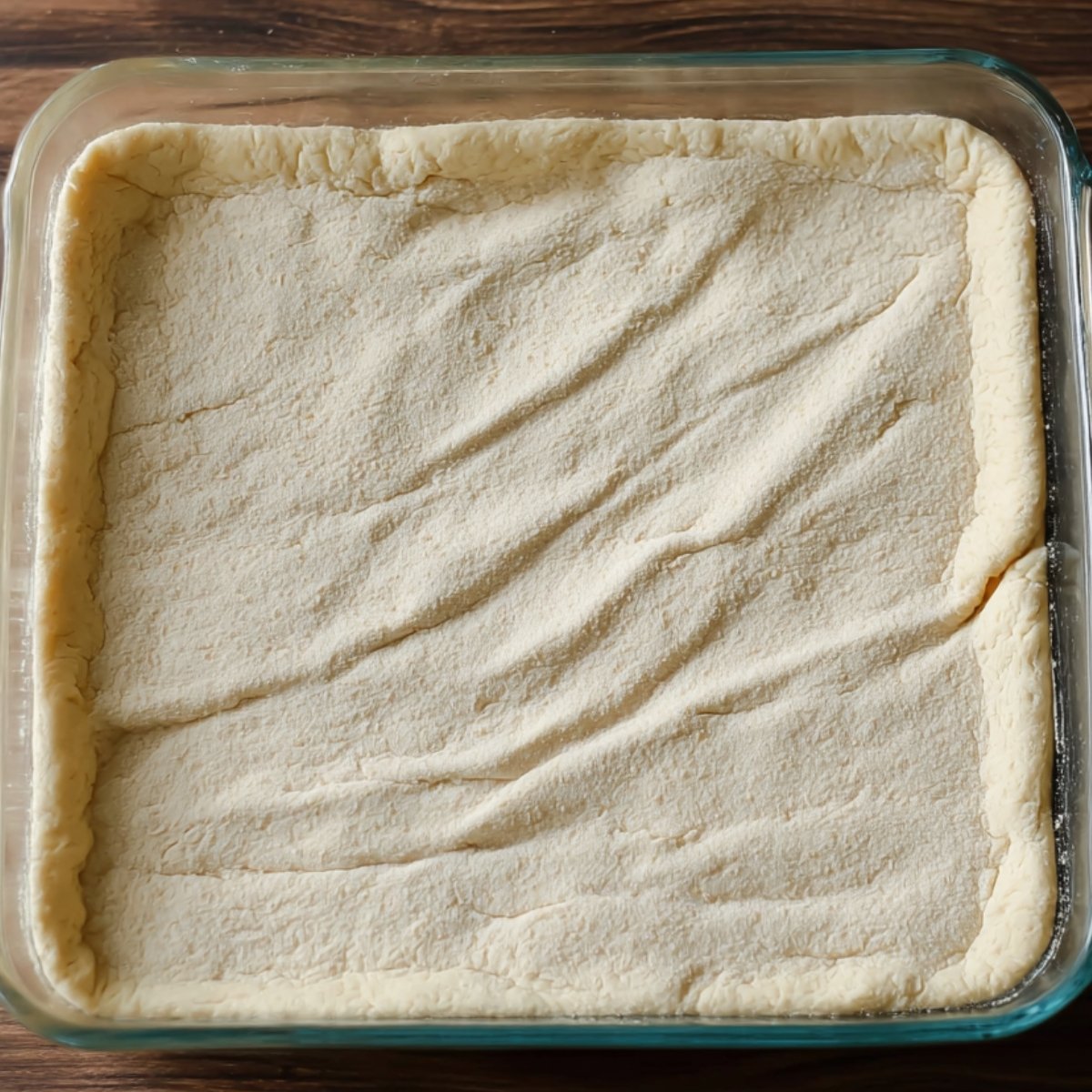 Easy Churro Cheesecake Bars Recipe 10 A baking dish with a layer of dough pressed into the bottom, ready to be used as a crust.