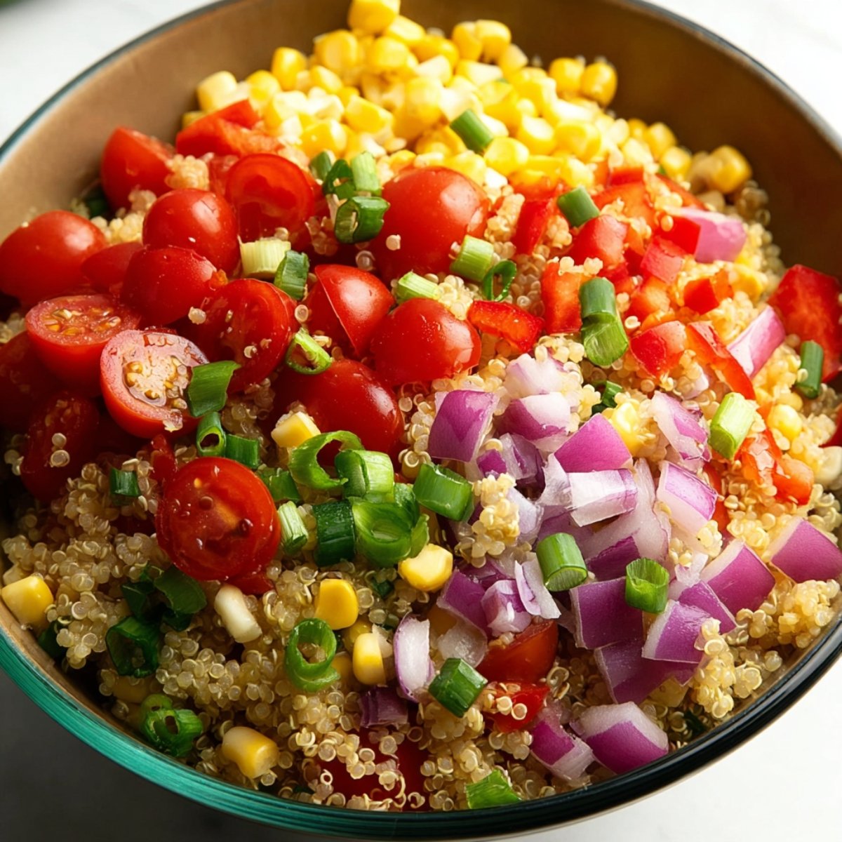 Easy Black Bean Quinoa Salad 11 This image shows a bowl of quinoa mixed with cherry tomatoes, corn, red bell pepper, green onions, and red onion.