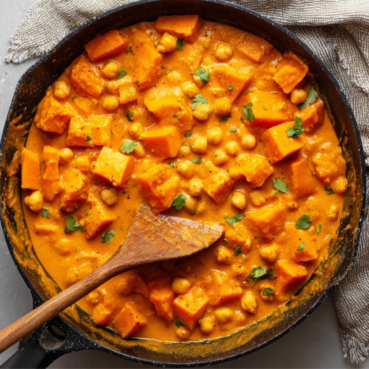 Easy Sweet Potato Curry with Chickpeas and Spinach 11 A skillet filled with a creamy sweet potato and chickpea curry, garnished with fresh cilantro.
