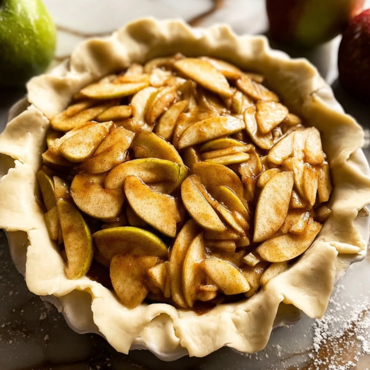 Best Apple Pie Recipe With a Buttery Flaky Crust 11 The image shows a pie crust filled with cinnamon-spiced apple slices, ready for baking.