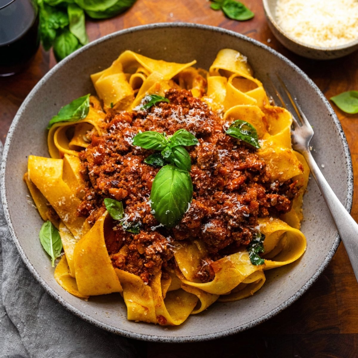Easy Authentic Pappardelle Bolognese Recipe 9 A bowl of Authentic Pappardelle Bolognese topped with rich Bolognese sauce, garnished with fresh basil leaves and grated cheese.