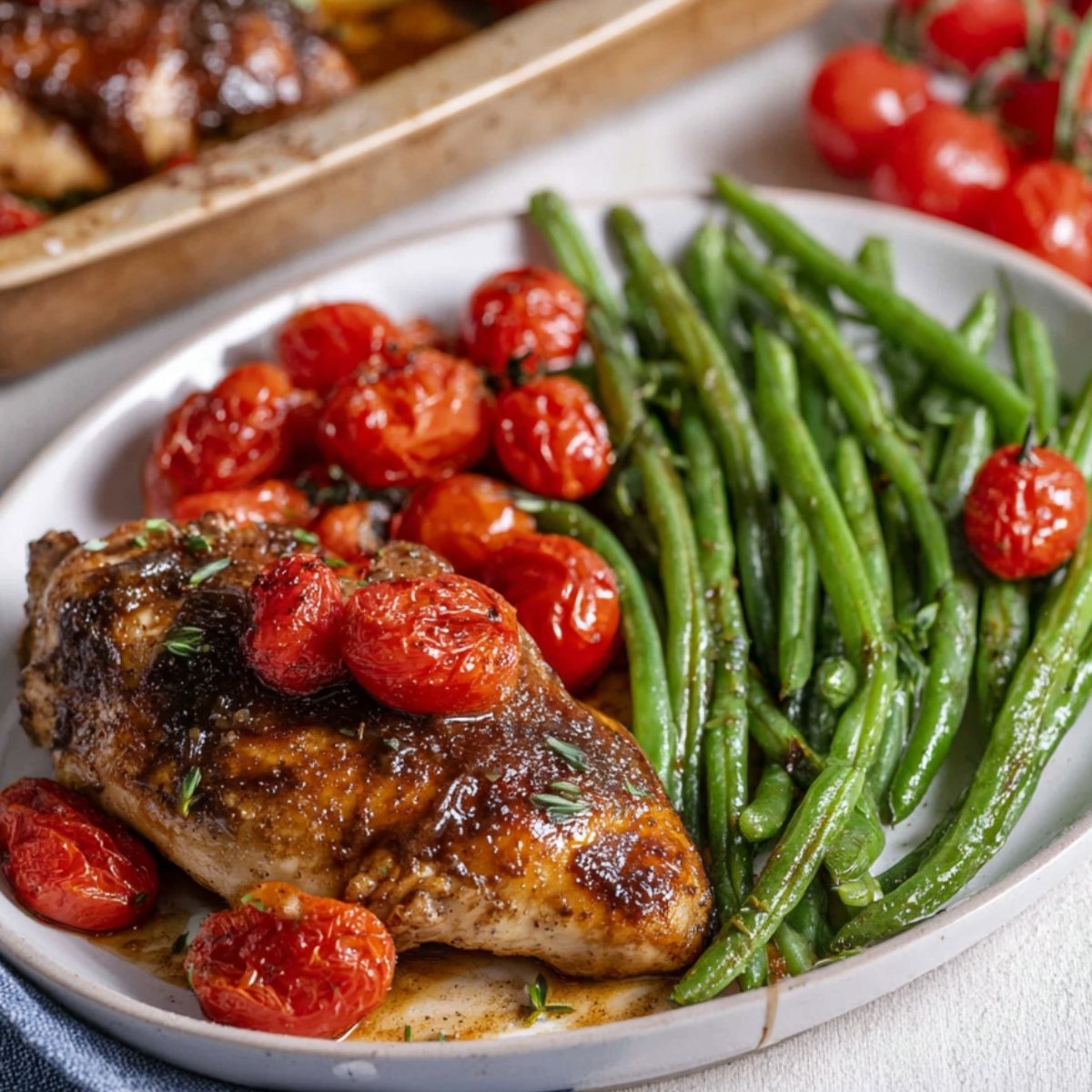 Easy Balsamic Chicken Recipe 9 Balsamic chicken with roasted tomatoes and green beans on a white plate.