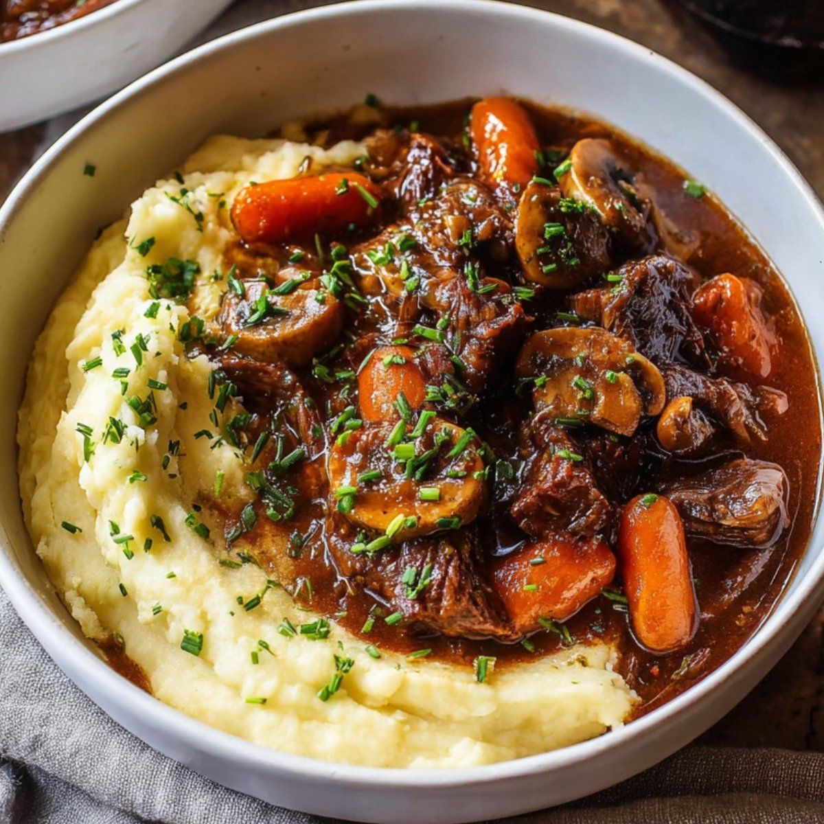 Easy Beef Bourguignon Recipe 9 A bowl of mashed potatoes topped with Beef Bourguignon, featuring carrots, mushrooms, and chives.