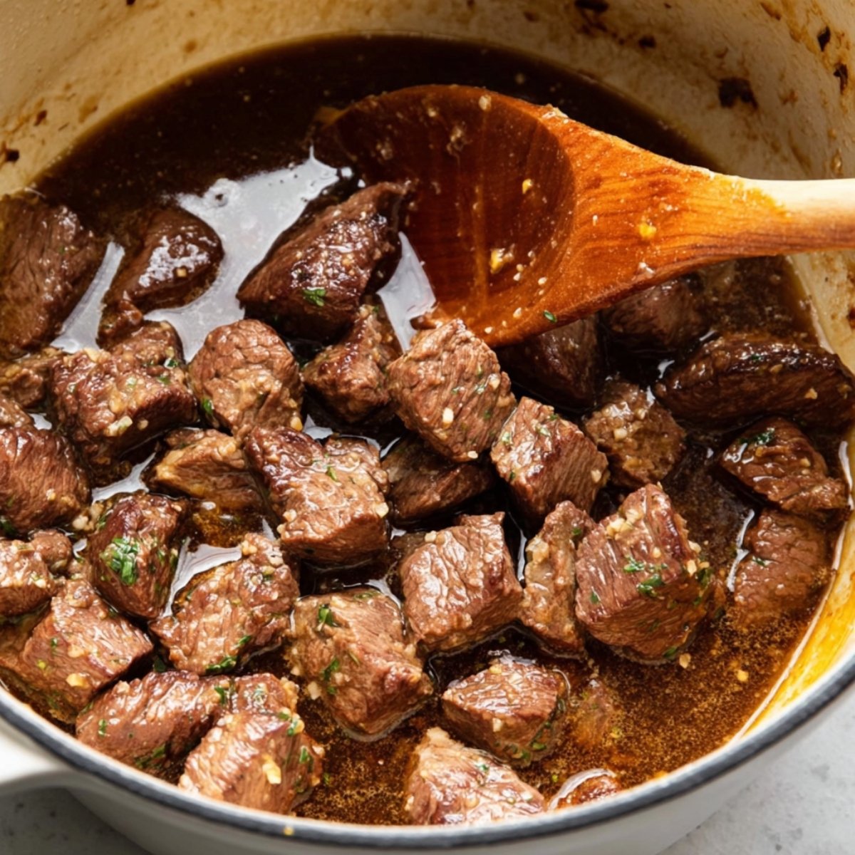 Easy Classic German Goulash Recipe 11 Beef chunks in a pot with sauce being stirred.
