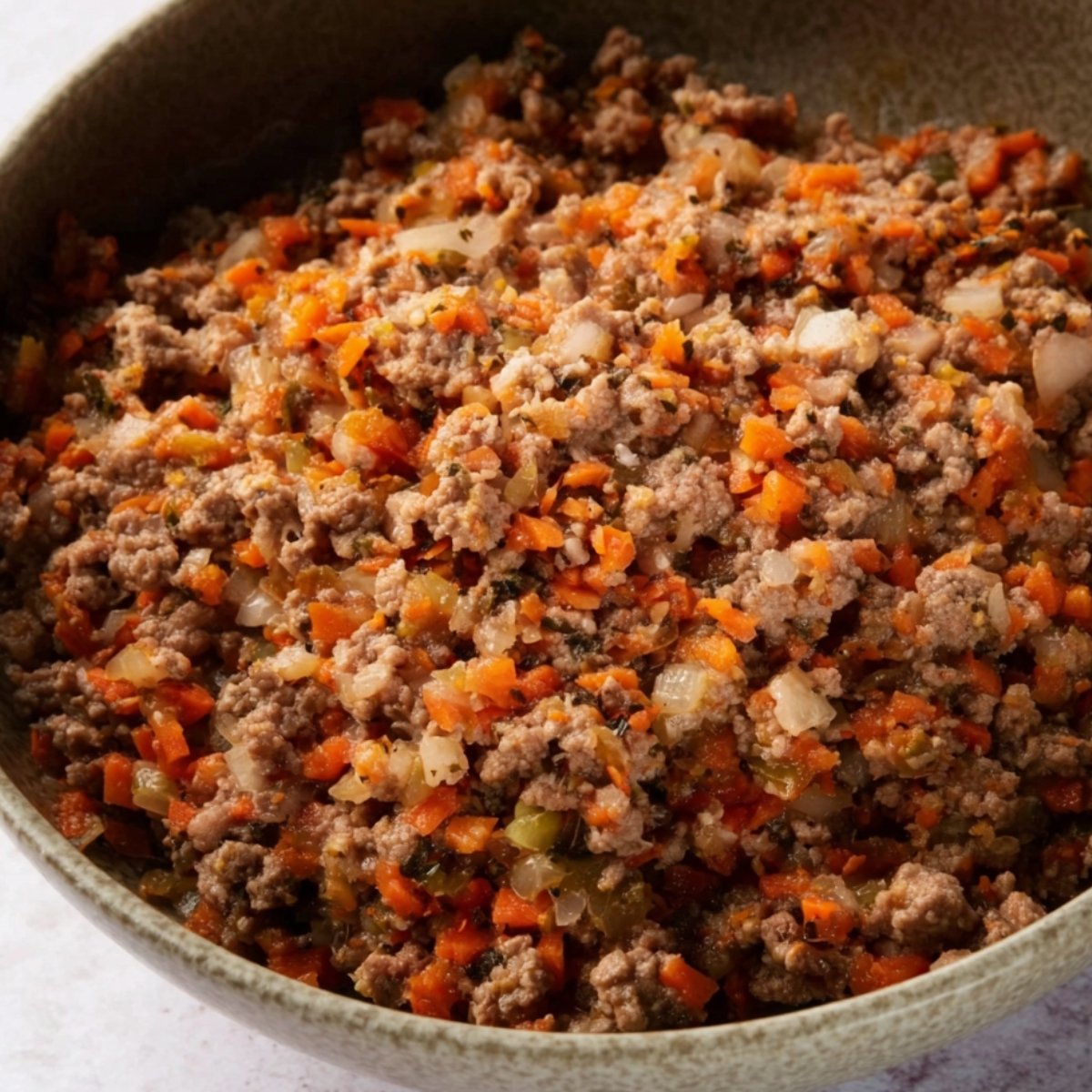 Easy Authentic Pappardelle Bolognese Recipe 11 A bowl of browned ground meat mixed with finely chopped onions, carrots, and celery.