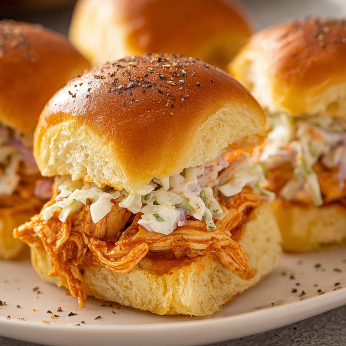 A close-up of Buffalo Chicken Sliders with shredded chicken and coleslaw in soft rolls, topped with black pepper.