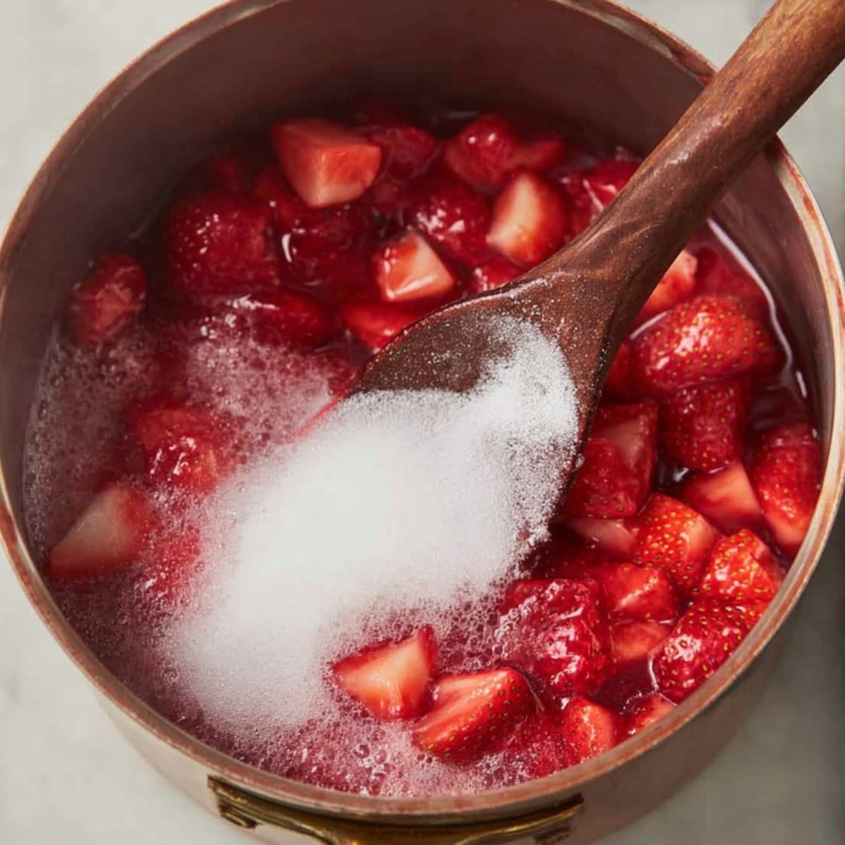 Best Strawberry Pie Recipe 10 Strawberries simmering in a pot with sugar being added.