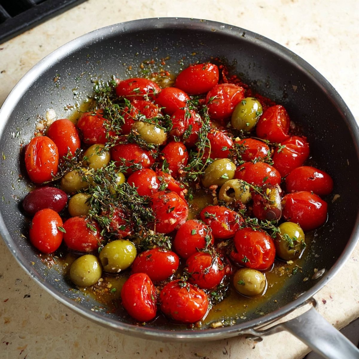 Easy Baked Fish with Cherry Tomatoes and Olives Recipe 11 Cherry tomatoes and green olives sautéing in a pan with thyme and garlic.