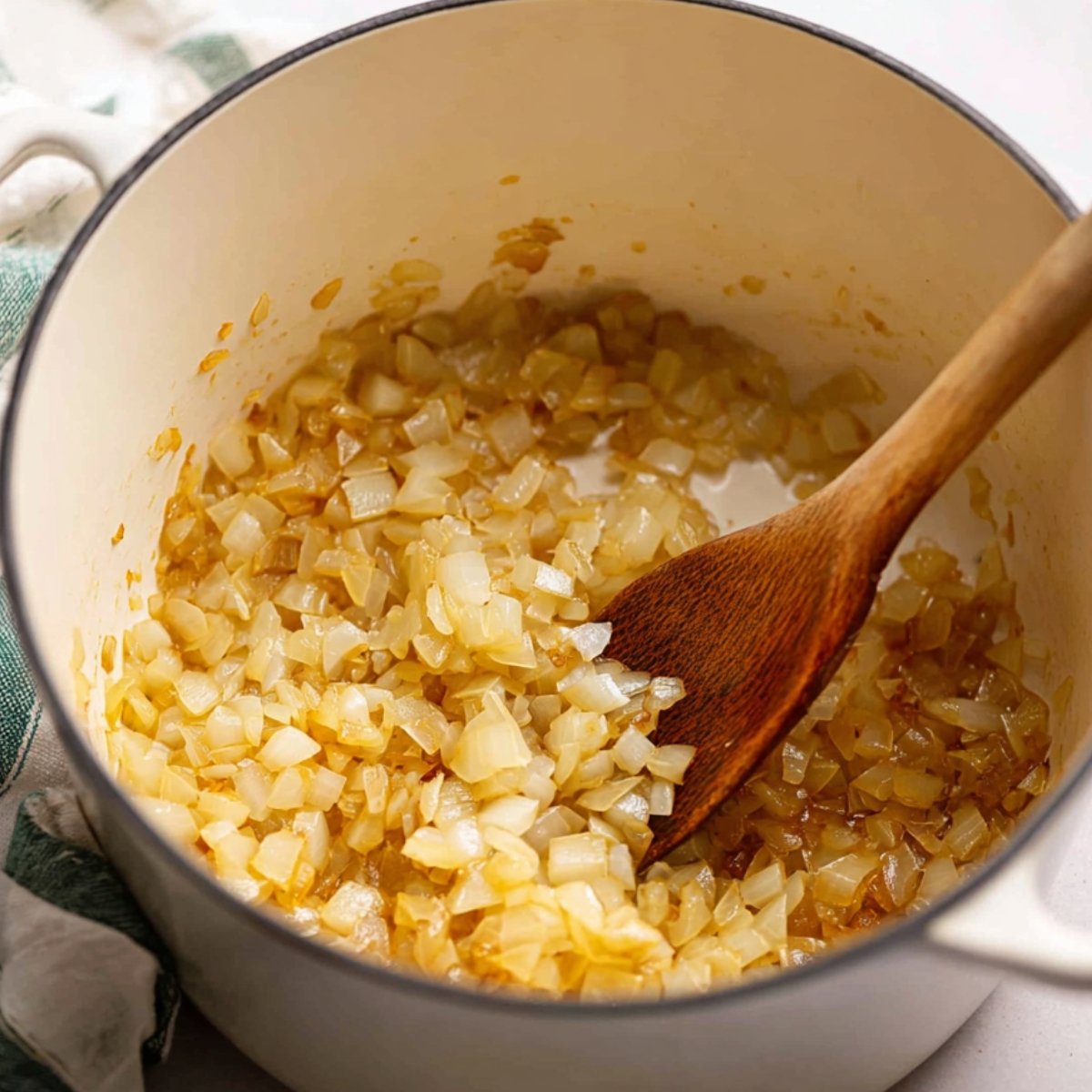 Easy Classic German Goulash Recipe 10 Caramelized diced onions in a pot with a wooden spoon.