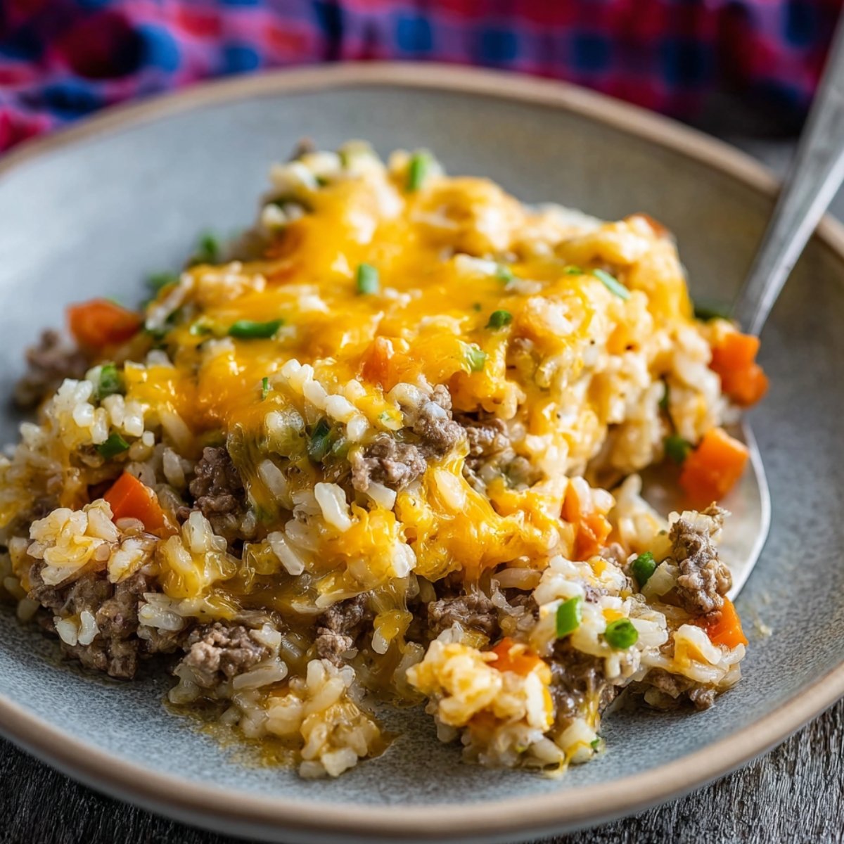 This image shows a plate of Cheesy Ground Beef and Rice Casserole with melted cheddar cheese, carrots, and green onions.