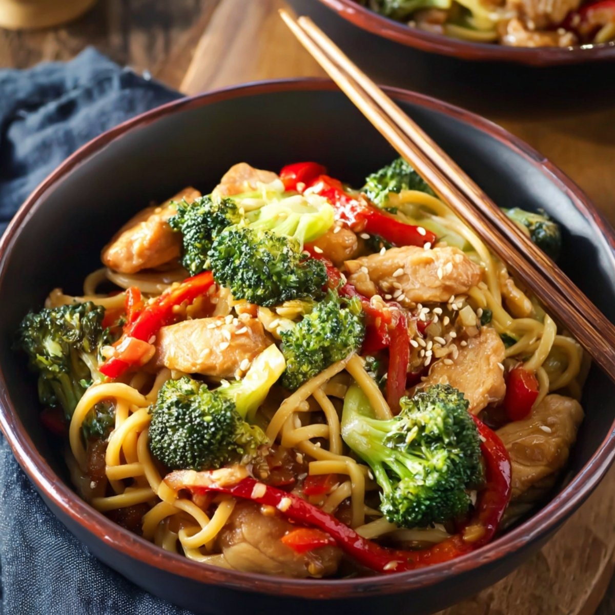 Chicken and Broccoli Noodle Stir Fry, bell peppers, and sesame seeds in a bowl.