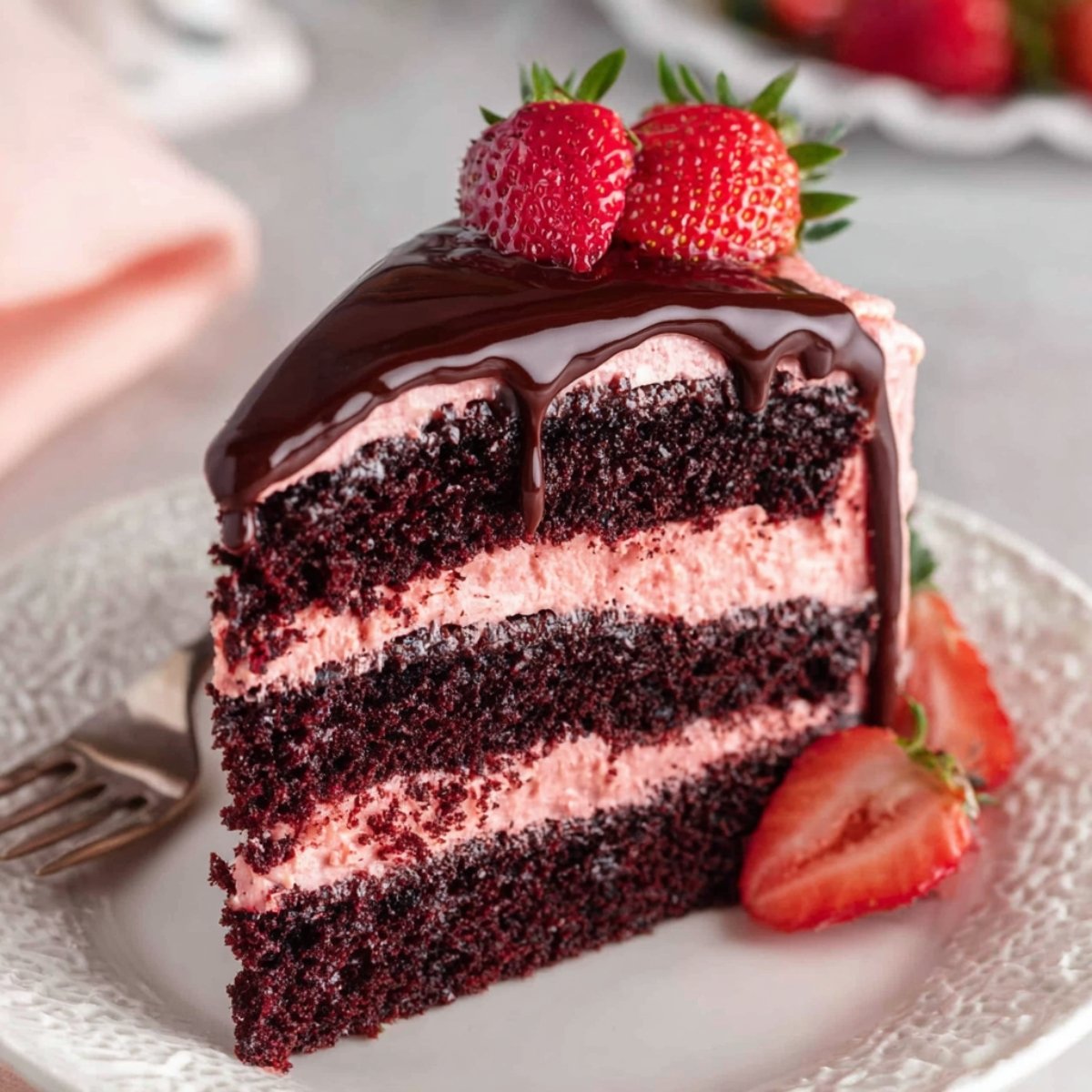 Slice of chocolate strawberry cake topped with fresh strawberries and drizzled with chocolate ganache.
