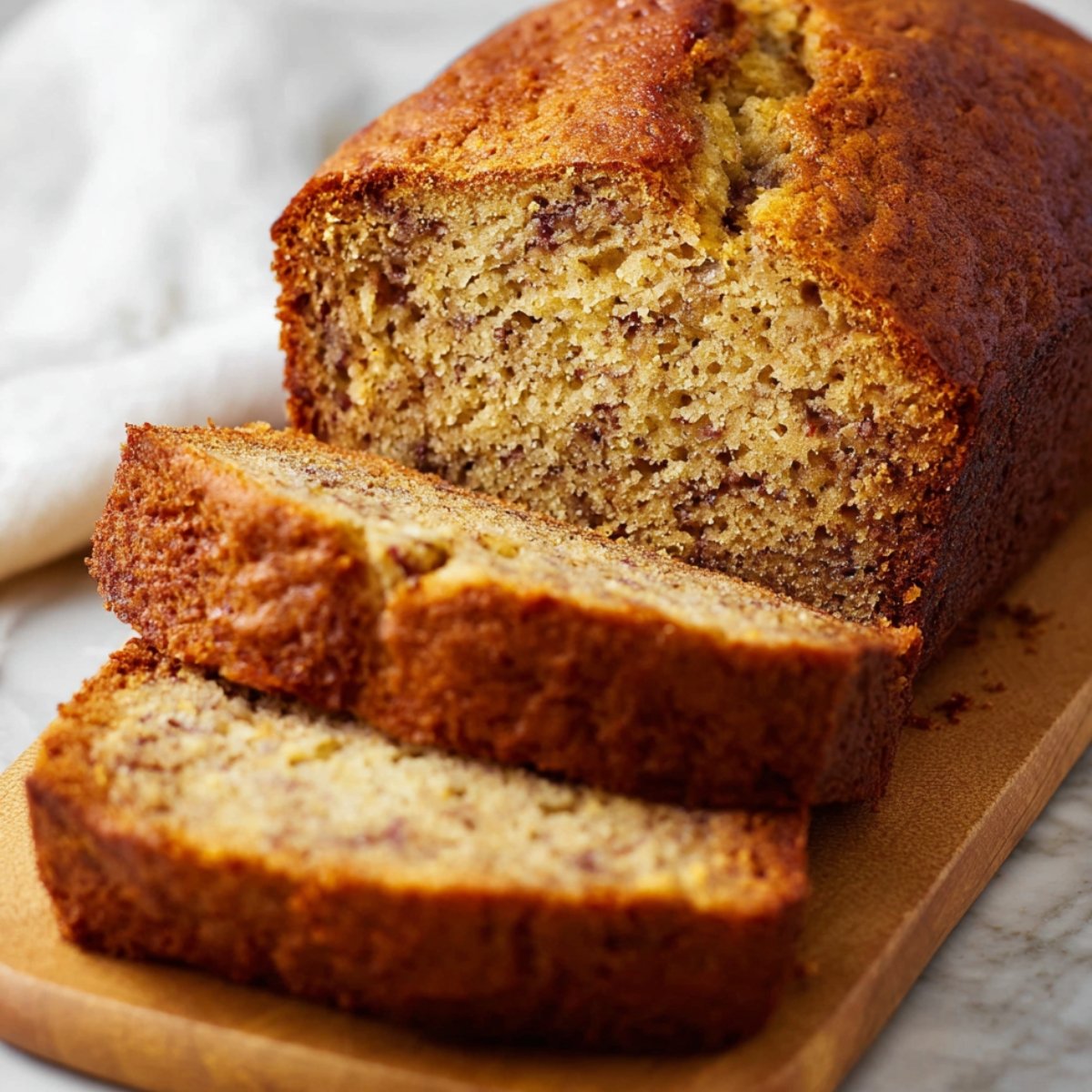Freshly baked banana bread with slices cut and laid on a wooden board.