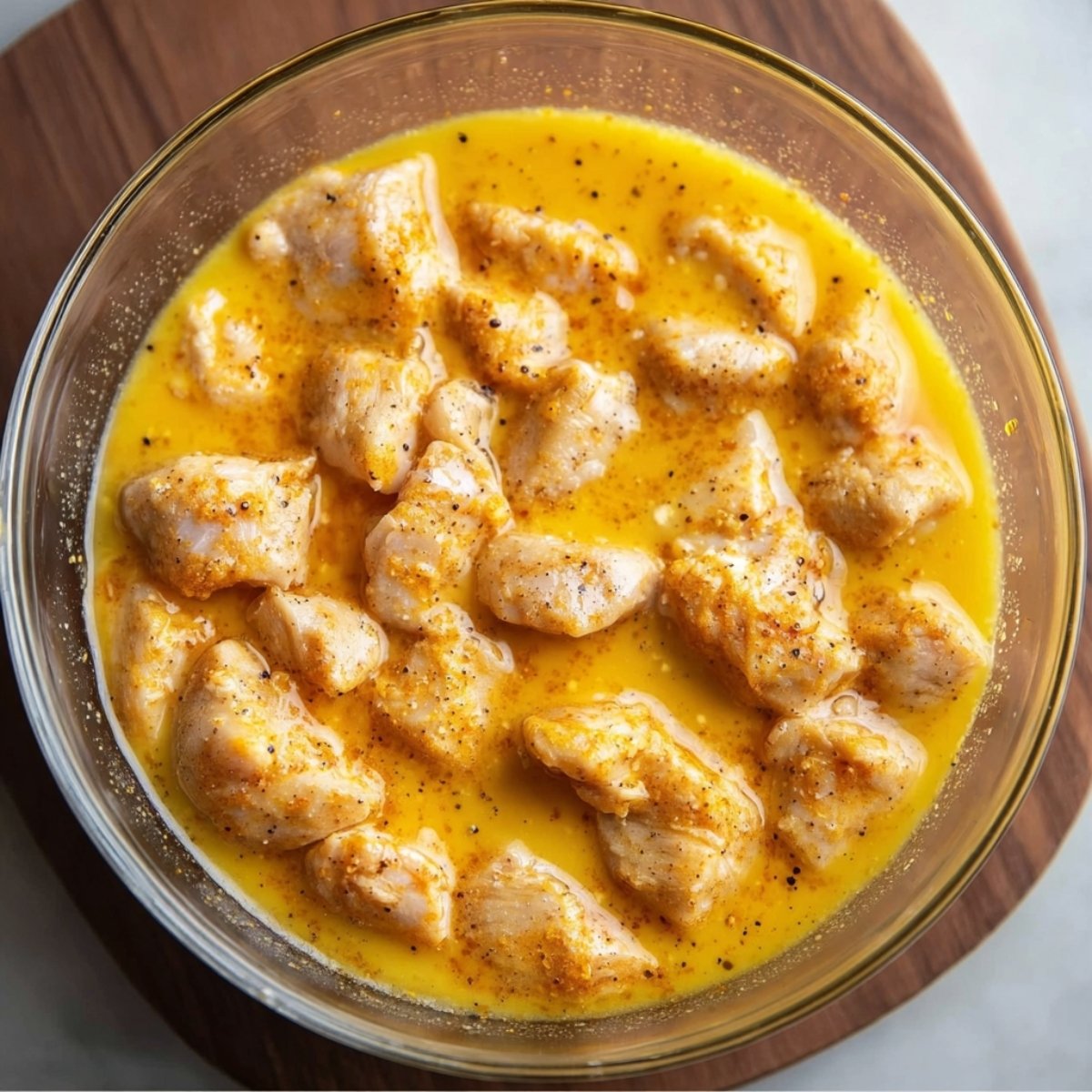 Easy Orange Chicken Recipe 10 Chicken pieces marinating in a bowl with beaten eggs and seasonings.