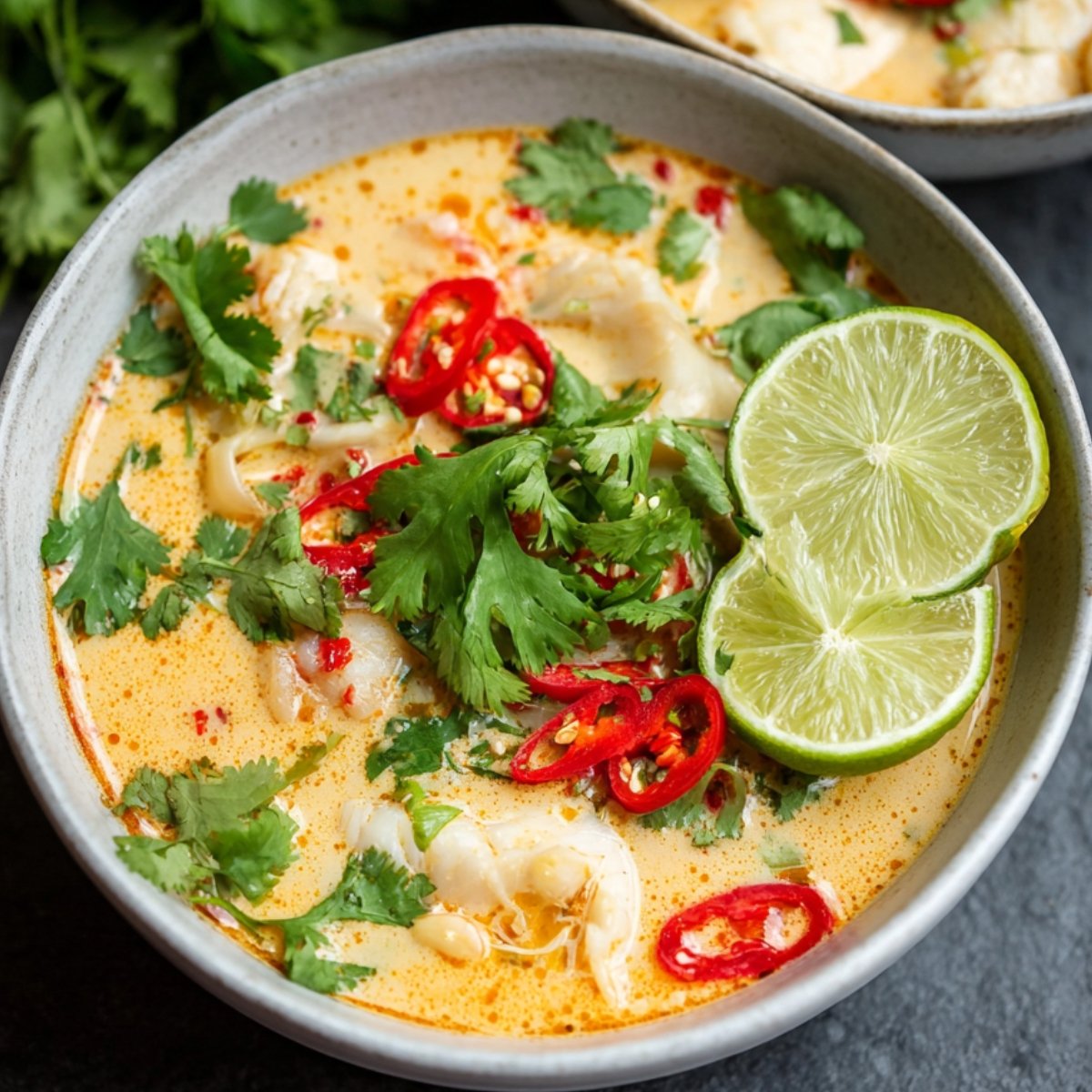 A vibrant bowl of Coconut Lime Fish Soup, garnished with fresh cilantro, red chili slices, and lime wedges.