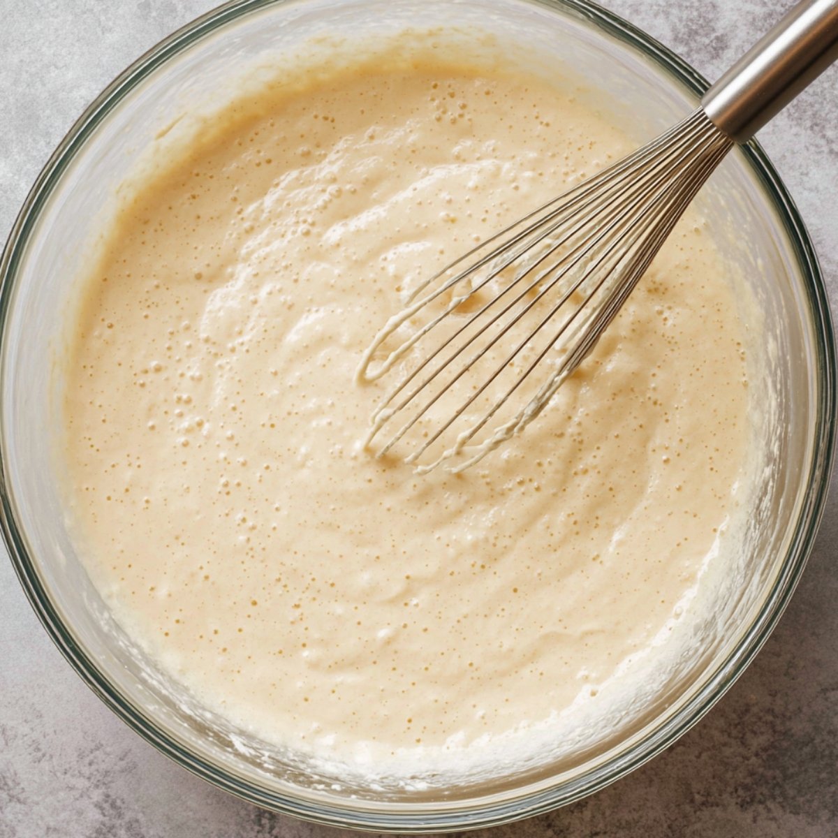 Easy Cinnamon Roll Pancakes with Cream Cheese Glaze 10 Whisking a smooth batter in a glass bowl.