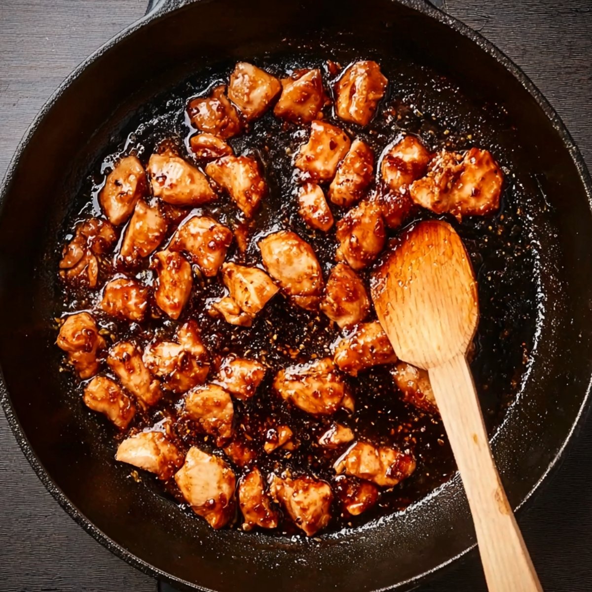 Easy Chicken and Broccoli Noodle Stir Fry Recipe 10 Chicken pieces cooking in a skillet with a glossy sauce, stirred with a wooden spoon.